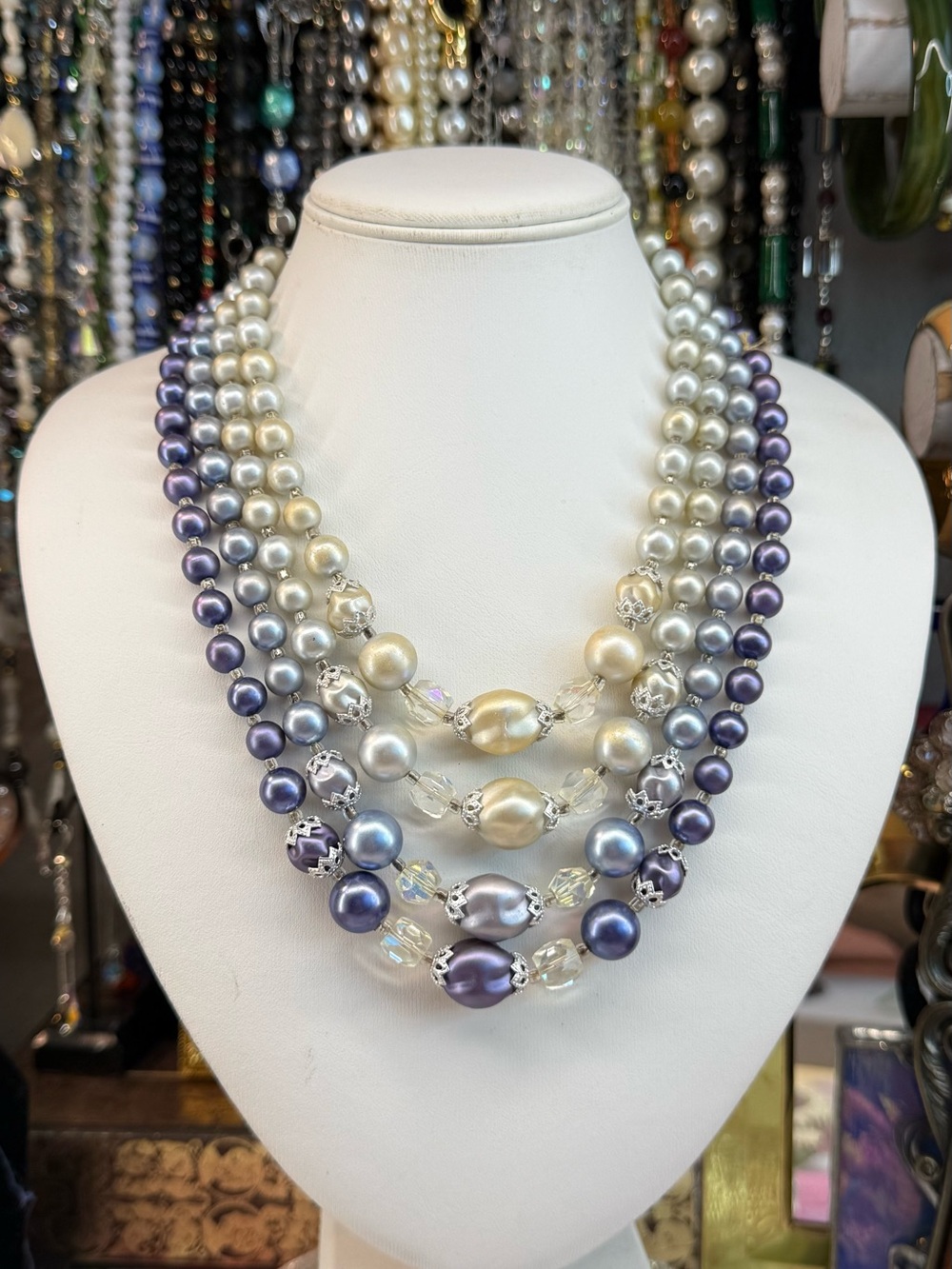 Vintage Japan Multi-Strand Pearl Necklace in White and Lavender
